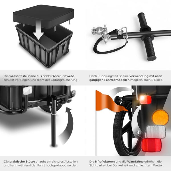 Details eines Fahrradanhängers, einschließlich wasserdichter Plane, Kupplungsteil, Stütze und Reflektoren