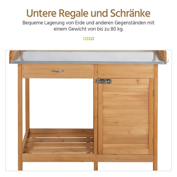 Holz Pflanztisch mit Schublade, Schrank und Metallplatte