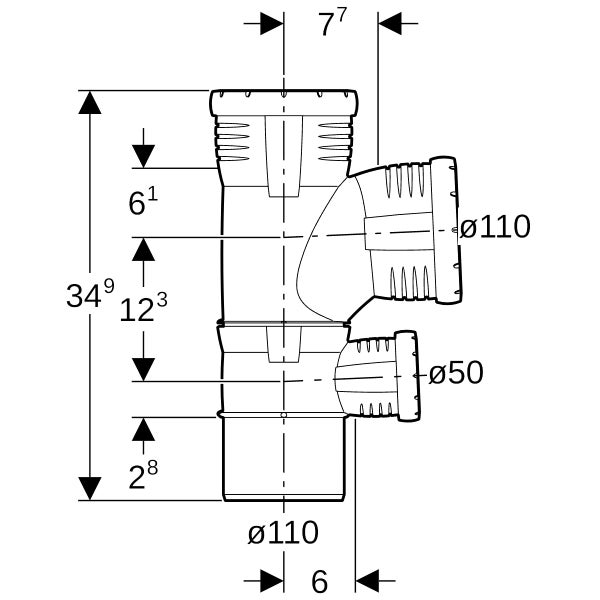 Technische Zeichnung eines Abwasserrohr-Abzweigs mit Maßen in Zentimeter und Millimeter. Durchmesser 110 Millimeter und 50 Millimeter.