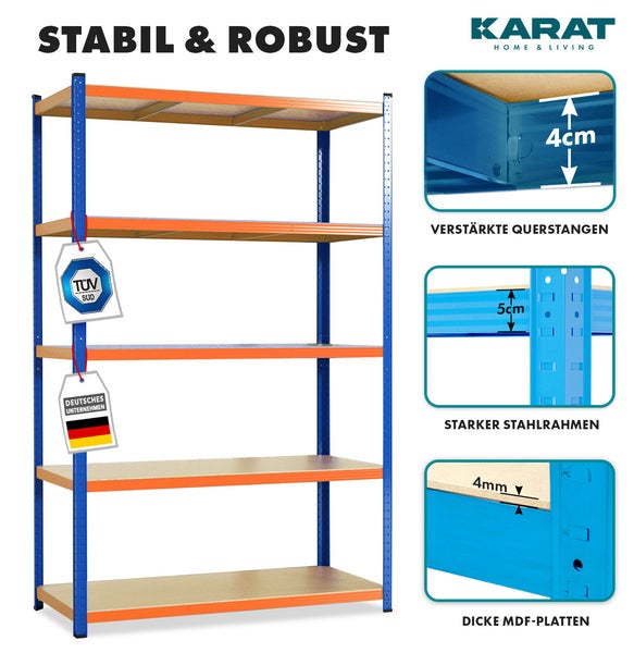 FLOORDIREKT Schwerlastregal - Universal einsetzbar - Blau-Orange - 180 x 90 x 45 cm - Traglast 875 kg