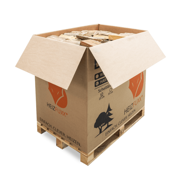 Brennholz in Kartonverpackung auf Palette