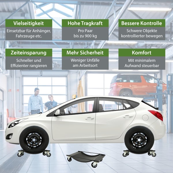 Auto auf Wagenhebern mit Rollen in einer Werkstatt, die Vielseitigkeit und Sicherheit demonstrieren.