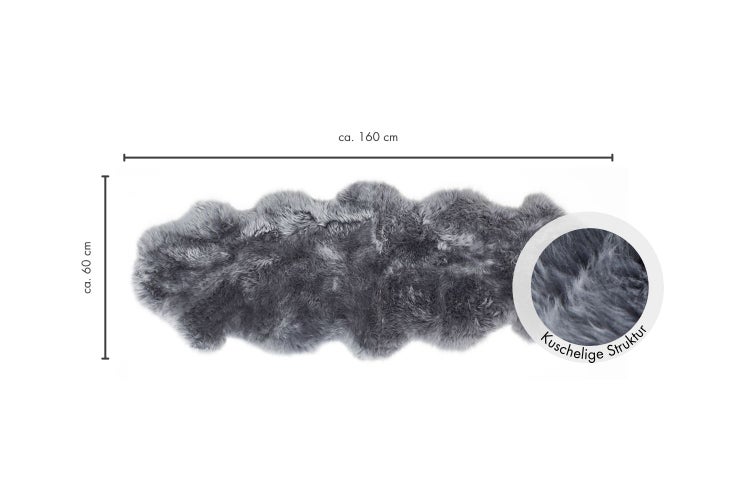 Kunstfell Teppich mit Maßen circa 160 mal 60 Zentimeter und weicher Struktur in der Detailansicht.