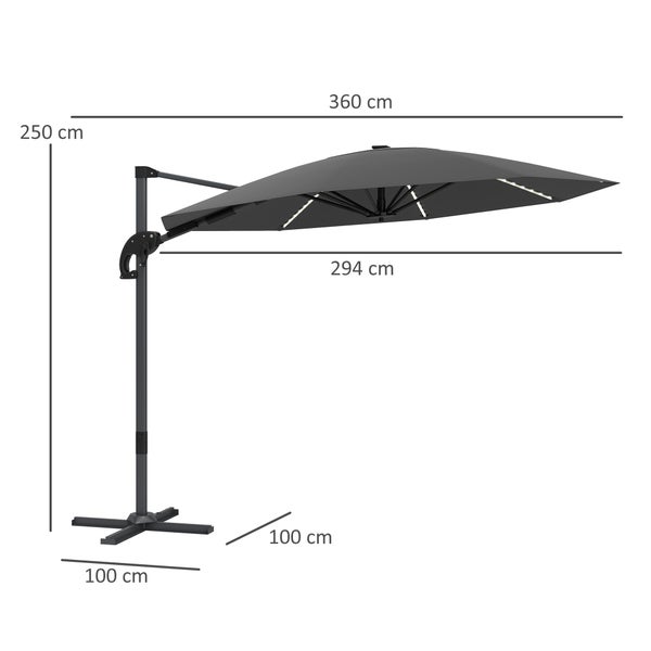 Outsunny Alu Ampelschirm LED Solar Ø300cm höhenverstellbar Sonnenschirm mit Kurbel Ständer UV50+ Wasserabweisend 360° drehbar Marktschirm neigbar Gartenschirm Sonnenschutz für Garten Balkon Dunkelgrau