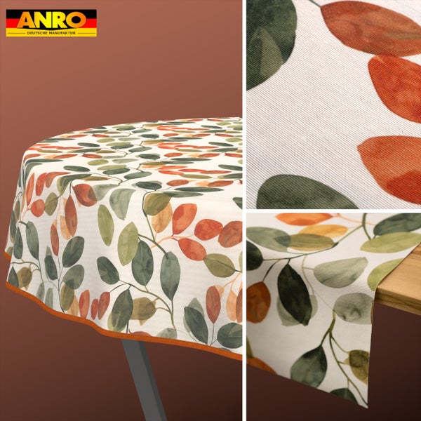 ANRO Logo. Tischdecke mit Blättermuster in verschiedenen Ansichten und Detailaufnahme der Gewebestruktur.