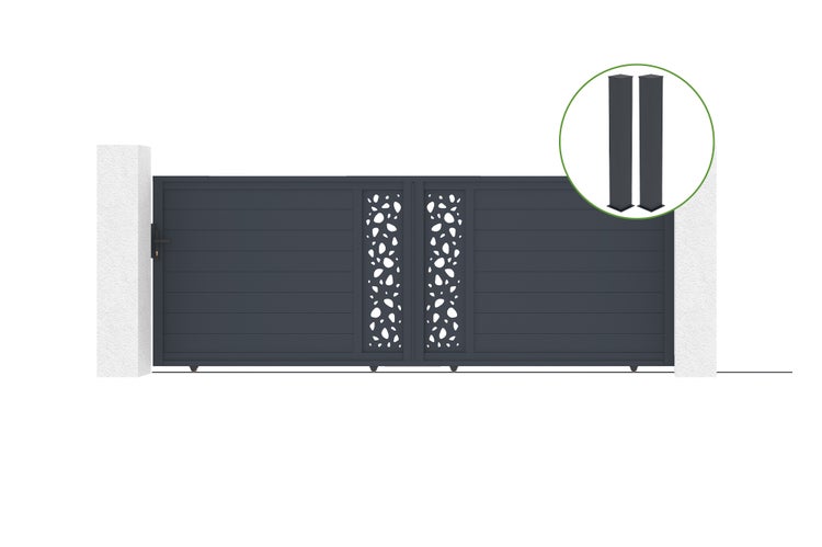 Schiebetor 4m SUNNY H.140cm graues Aluminium + 2 Pfosten 20x20cm H.166cm
