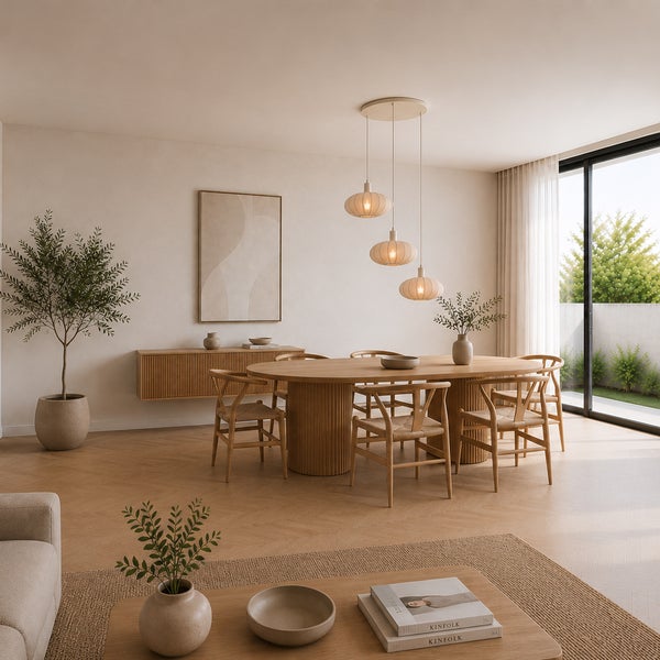 Helles Esszimmer mit ovalem Holztisch, Holzstühlen, hängender Pendelleuchte und minimalistischem Sideboard in modernem Design.