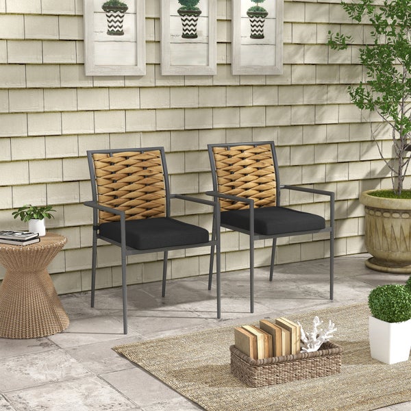 Outsunny Rattan Gartenstuhl 2er-Set, Stapelbarer Gartenstuhl, 57 x 58 x 87 cm, Stahl, Schwarz