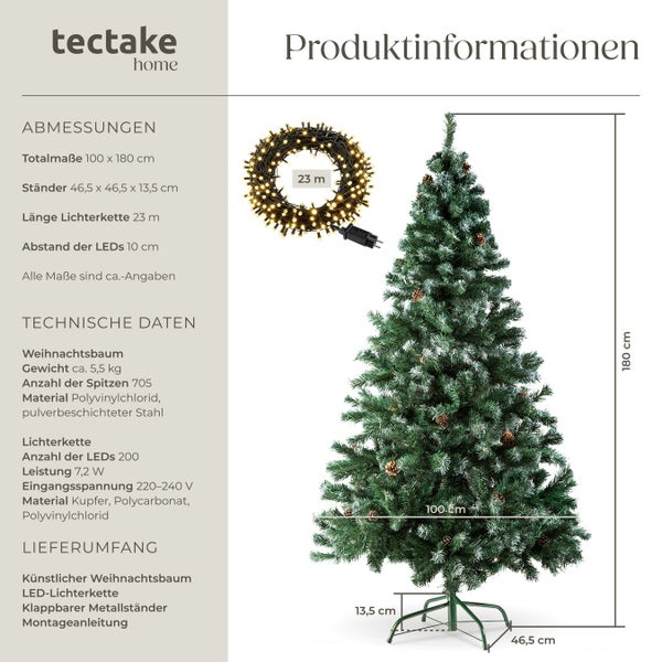 Produktinformationen zu einem künstlichen Weihnachtsbaum mit LED-Lichterkette und den Maßen 100 x 180 cm.