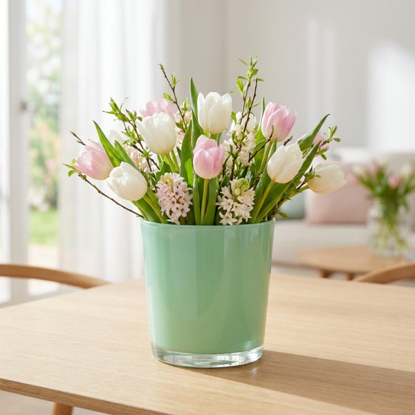 Ein Blumenstrauß mit Tulpen und Hyazinthen in einer zylindrischen Vase auf einem Holztisch in einem hellen Wohnraum.