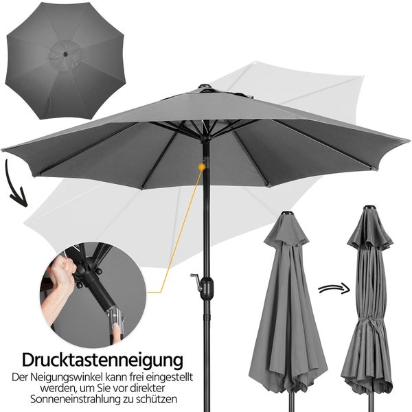 Grauer Sonnenschirm mit Neigungsfunktion und Kurbelmechanismus.