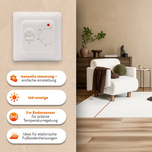 Fußbodenheizung Thermostat mit LED-Anzeige und 3 Meter Bodensensor in einem Wohnzimmer