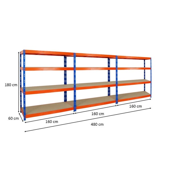 PROREGAL Mega Deal 3x Profi Schwerlastregal Rhino HxBxT 180 x 160 x 60 cm 4 Spanplatten-Ebenen 8mm Fachlast 500 kg Blau-Orange