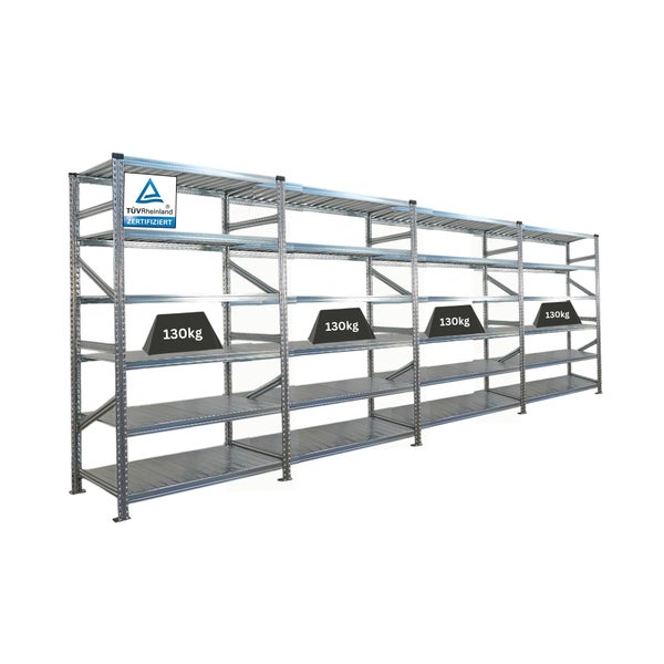 Mehrere Regale mit einer Traglast von 130 Kilogramm und dem TÜV Rheinland Siegel.