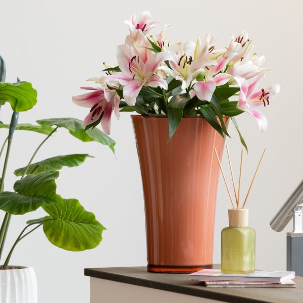 Helle, organisierte Szene mit einer hohen konischen Vase in Terrakotta-Farbe, rosa und weißen Lilien, einem Raumduft-Diffusor und einer grünen Pflanze.