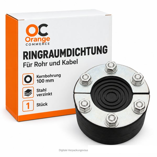 Ringraumdichtung für Kernbohrung 100 Millimeter aus verzinktem Stahl mit Dichtungseinsatz und Verpackung Orange Commerce Logo