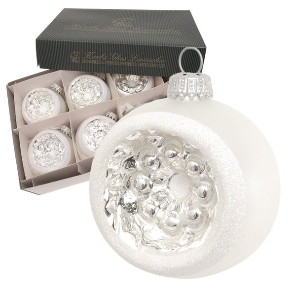 Reflexkugeln Silber Satin, Weiß Glitter, 6,5cm, 6 Stck., Weihnachtsbaumkugeln, Christbaumschmuck, Weihnachtsbaumanhänger
