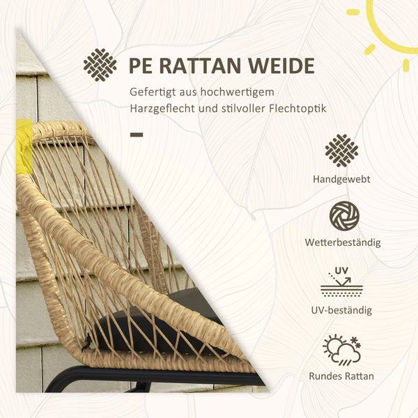 Outsunny 3-tlg. Rattan Gartenmöbel-Set, Balkonmöbel-Set mit Couchtisch, 2 Stühlen, Sitzgarnitur mit Kissen, Gartensitzgruppe für Balkon, Terrasse, Polyester, Gelb