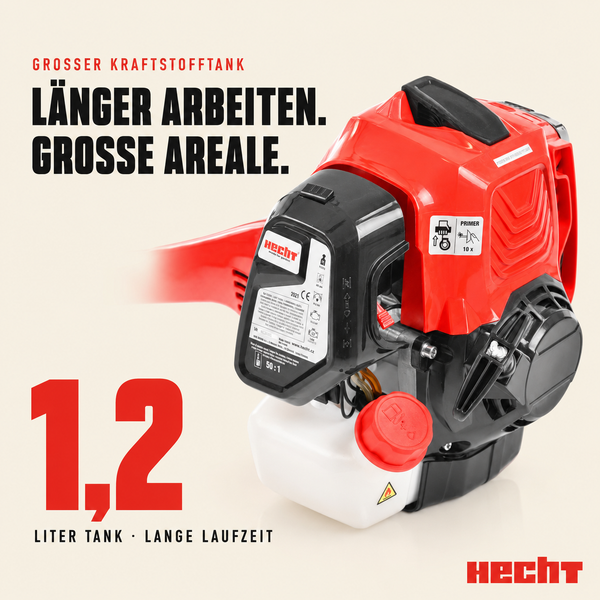 Hecht Motoreinheit einer Motorsense mit einem 1,2 Liter Kraftstofftank, rotes und schwarzes Gehäuse, Tankdeckel und Primer-Anleitung.