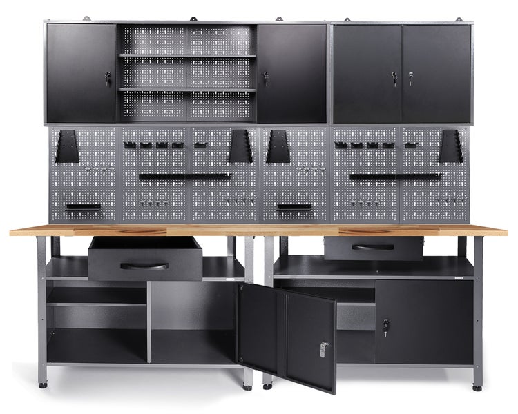 Werkbank mit Lochwand, Schränken, Schubladen und Holzarbeitsplatte