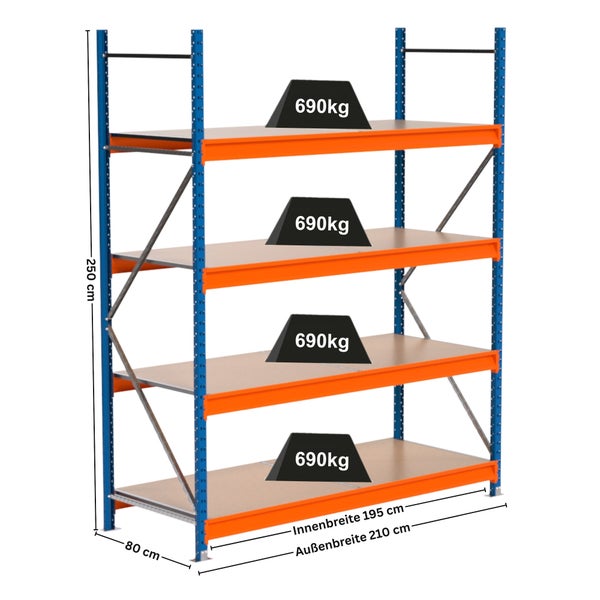 Steckregal mit vier Ebenen, Belastbarkeit 690 Kilogramm pro Ebene und Maßangaben