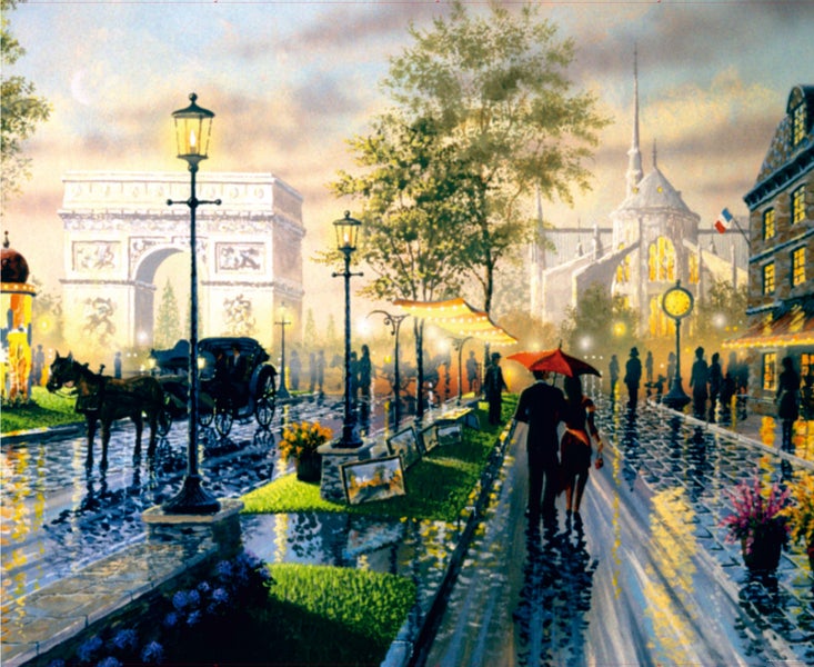 Gemälde einer regnerischen Straßenszene mit Pferdekutsche, Triumphbogen und Kathedrale