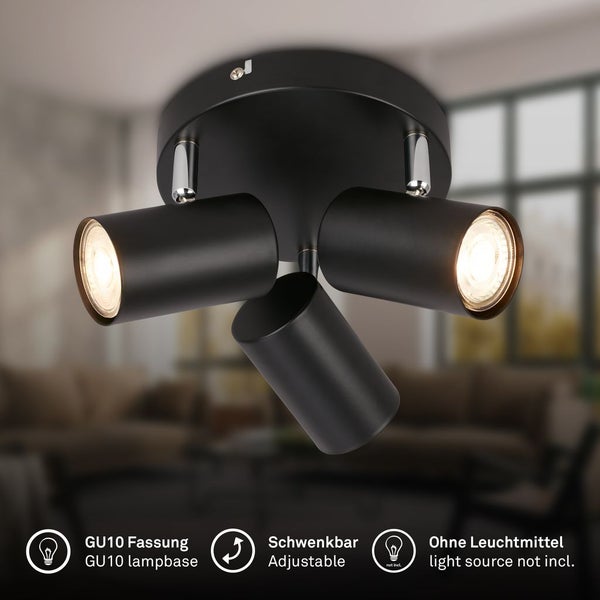 Schwarzer dreiflammiger Deckenstrahler mit GU10-Fassungen und schwenkbaren Köpfen, exklusive Leuchtmittel.