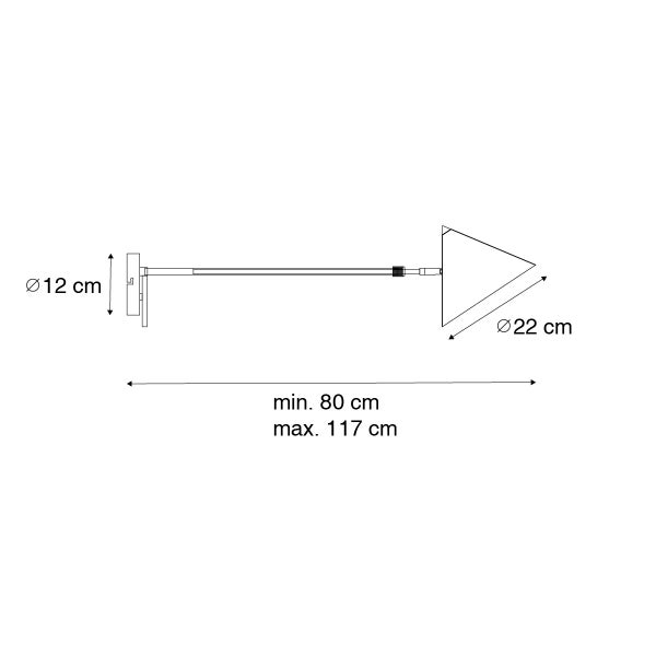 Technische Zeichnung einer Wandleuchte mit den Maßen 12 cm, 22 cm und einer einstellbaren Länge von 80 cm bis 117 cm.