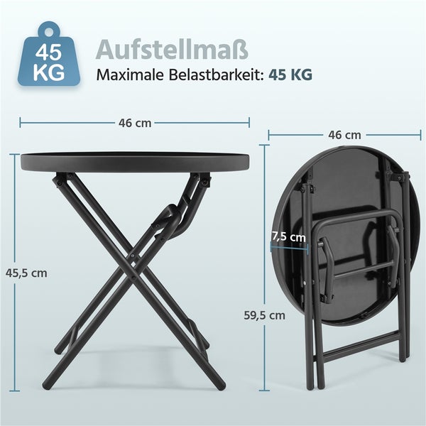 Technische Zeichnung eines runden Klapptisches mit Maßangaben