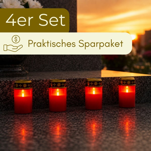Vier brennende rote Grabkerzen mit goldenem Deckel im praktischen Set von vier Stück als Sparpaket auf einem Grabstein aus Granit.