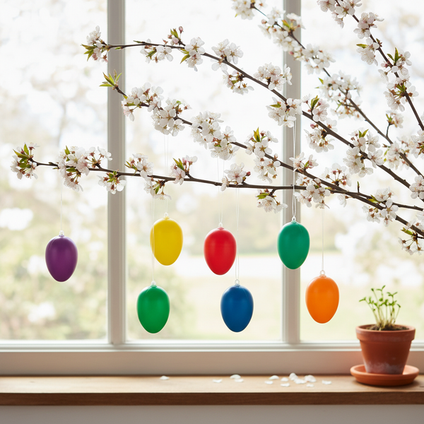Bunte Ostereier hängend an blühenden Zweigen vor einem hellen Fenster mit einer Pflanze auf der Fensterbank.