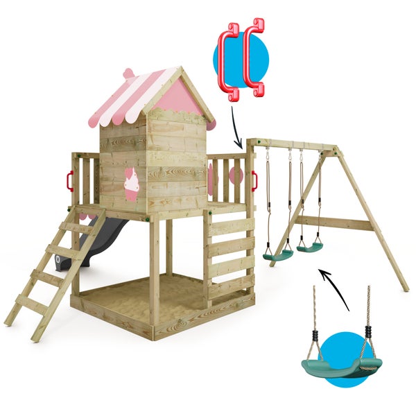 WICKEY Spielturm Klettergerüst Smart Candy mit Schaukel und Rutsche, Baumhaus mit Sandkasten, Kletterleiter und Spiel-Zubehör – anthrazit