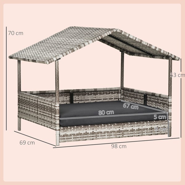 PawHut Rattan Hundehaus mit Kissen, Hundebett im Hausform, Outdoor Hundehütte, Stahlrahmen, Kunststoff, Grau, 69 x 98 x 70 cm