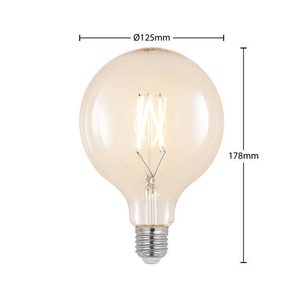 LED Globelampe mit E27 Sockel und sichtbarem Filament in Klarglas.