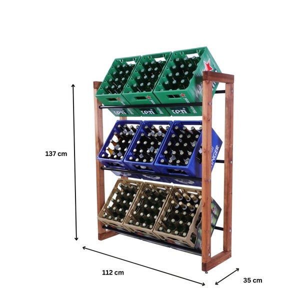 PROREGAL Getränkekistenregal HARZ HxBxT 137x112x35cm 9 Kisten auf 3 Ebenen Massives Kiefernholz Braun geölt