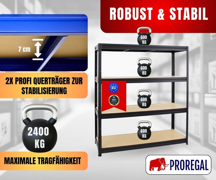 Proregal Schwerlastregal, 4 Böden, 600 Kilogramm Traglast pro Boden, 2400 Kilogramm Gesamtlast, Querträger zur Stabilisierung, Proregal Logo.