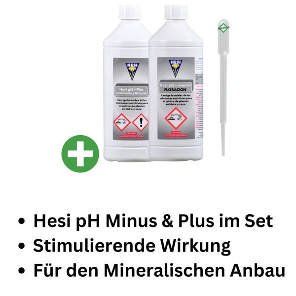 Hesi pH-Plus & pH-Minus Set 2x 1 Liter – Mineralischer pH-Regulator für Gesundes Wachstum & Höhere Erträge | Mit Pipette für Präzise Dosierung | Umweltfreundlich & Für Alle Pflanzenarten