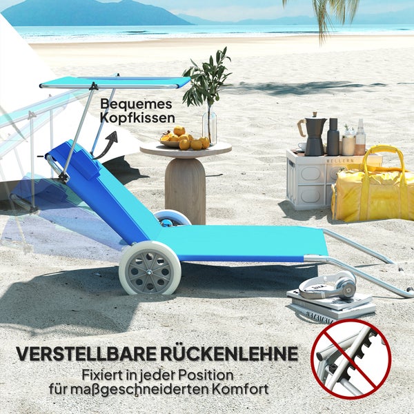 Outsunny 2er Set Sonnenliege klappbar Gartenliege mit Kopfkissen Dach, Rolle Liegestuhl mit verstellbare Rückenlehne, wetterfeste Campingliege, Gartenstuhl bis 120 kg belastbar, für Garten Pool, Blau