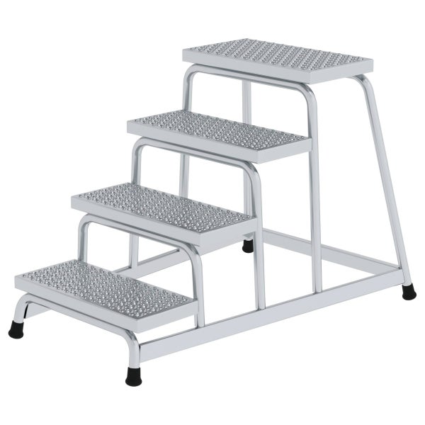 Vierstufige Steighilfe aus Stahl mit geriffelten Trittflächen für sicheren Stand.