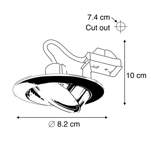 Technische Zeichnung eines Einbaustrahlers mit Maßen: Durchmesser 8,2 Zentimeter, Höhe 10 Zentimeter, Lochausschnitt 7,4 Zentimeter.
