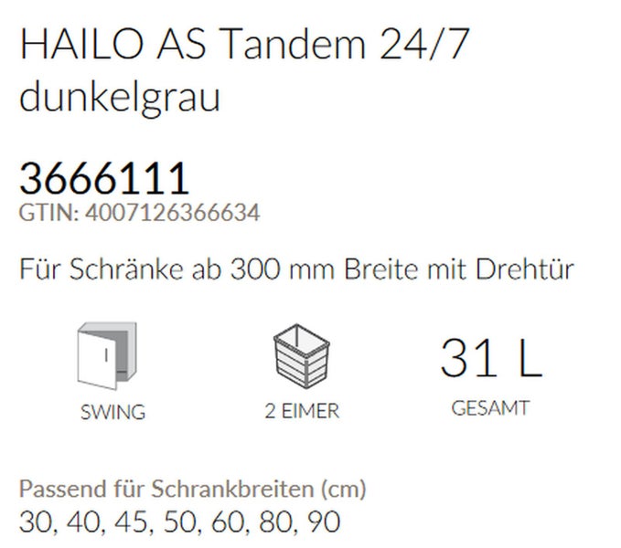 HAILO AS Tandem 24/7 Abfallbehälter dunkelgrau