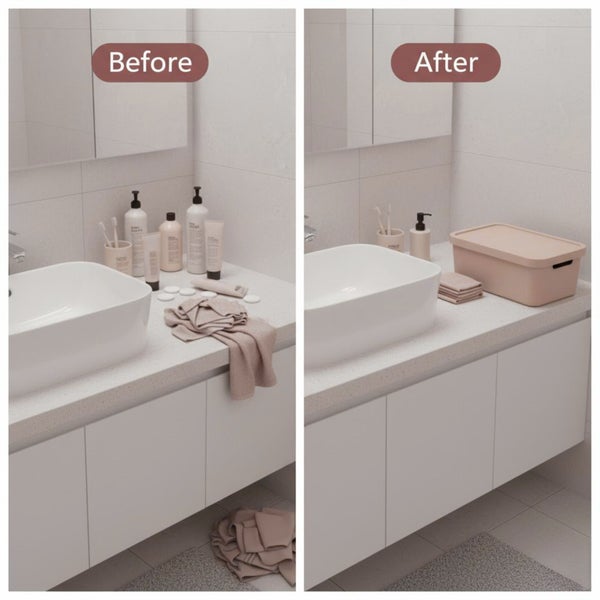 Vorher-Nachher-Ansicht eines Badezimmers mit Waschbecken und Stauraum