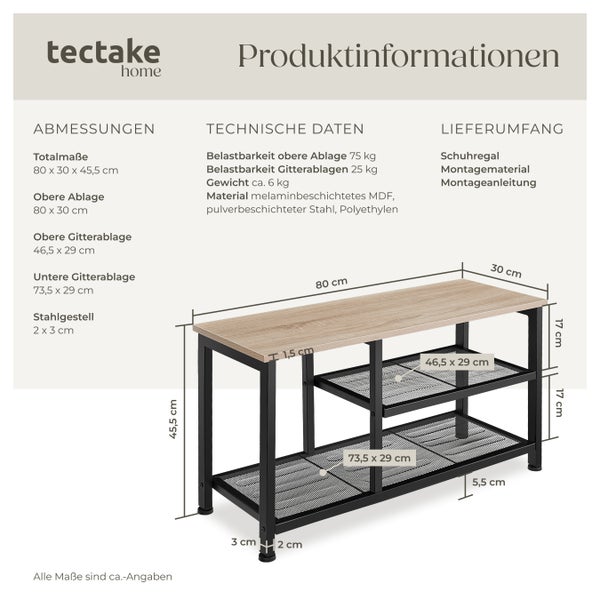 Produktinformationen Schuhregal mit Maßen und technischen Daten
