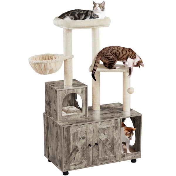 Katzenkratzbaum mit Liegeflächen, Spielzeug und Katzenhaus