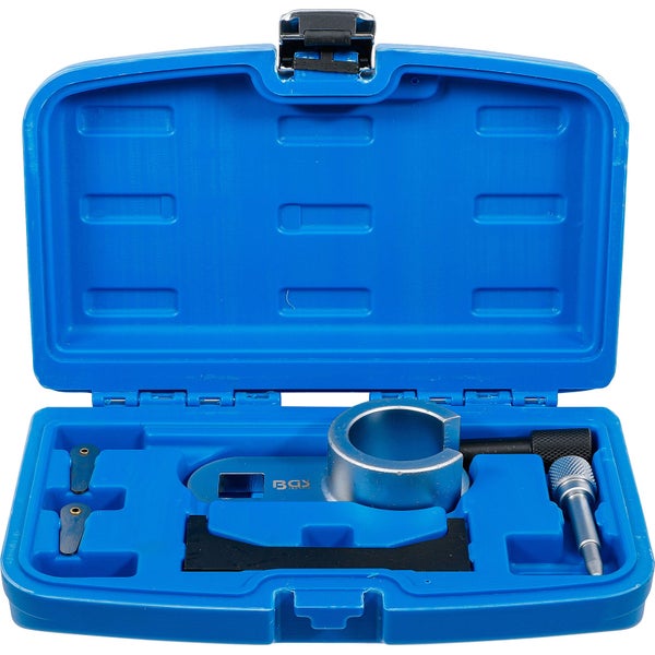 Motor-Einstellwerkzeug-Satz in einem blauen Kunststoffkoffer mit verschiedenen Metall-Einstellwerkzeugen.