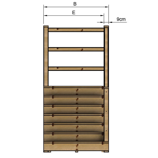 Abbildung eines Hochbeets mit den Breitenangaben B und E sowie einem Abstand von neun Zentimetern.
