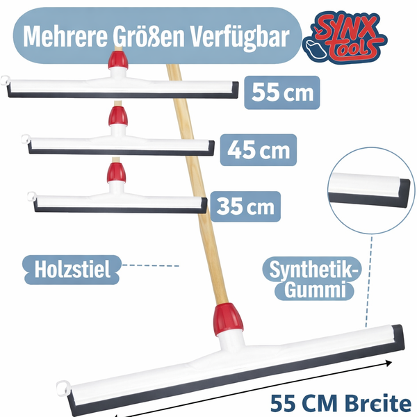 Bodenabzieher mit Holzstiel und Synthetikgummi in verschiedenen Größen.