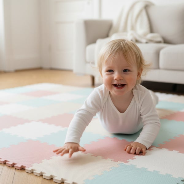 Baby krabbelt auf einer weichen Puzzlematte aus Schaumstoff im hellen Wohnzimmer. Die Matte besteht aus ineinandergreifenden Quadraten.