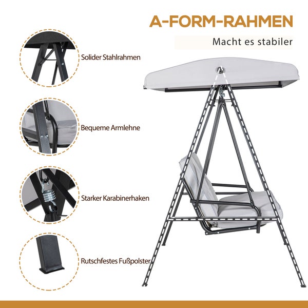 Outsunny Hollywoodschaukel 2-Sitzer Gartenschaukel mit Verstellbarem Dach, Kissen, Schaukelbank bis 220 kg Belastbar, für Garten, Balkon, Grau, 145 x 116 x 172 cm