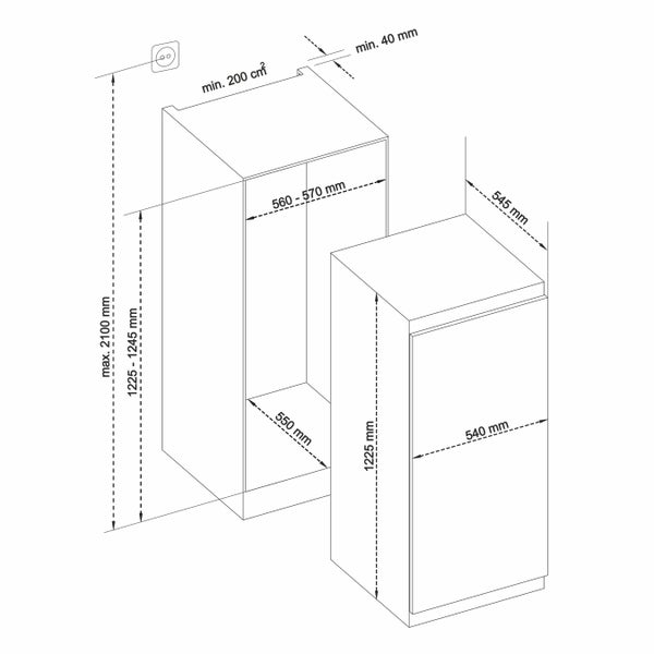 Telefunken EK123S200E Einbaukühlschrank ohne Gefrierfach 122cm Nische Schlepptür-Technik 193 Liter Nutzinhalt